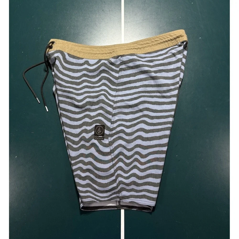 Volcom Stoneys Board Shorts Men's 36 Black Blue Striped Swim Trunks Surf Y2K
